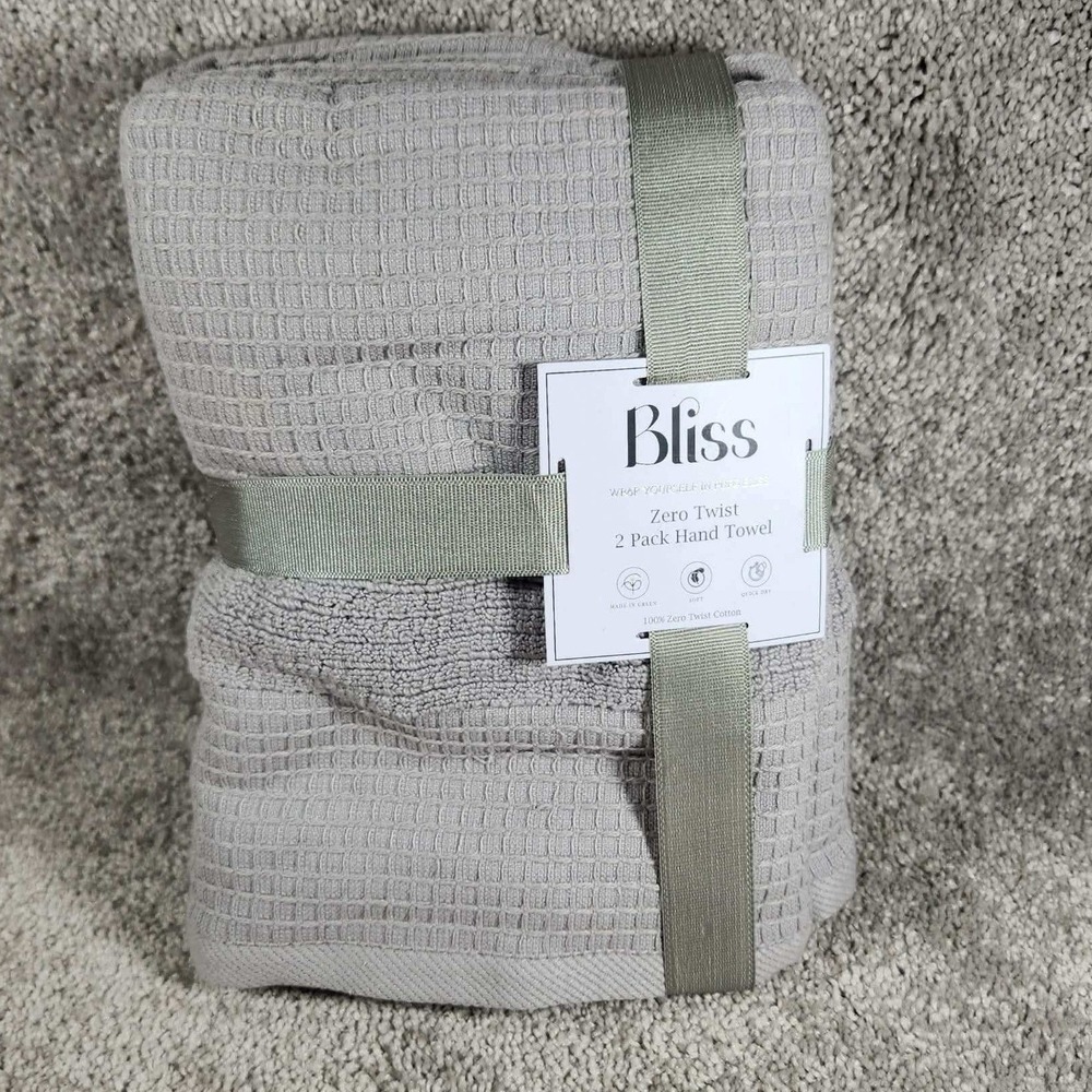 Bliss Hand Towel Grey Zero Twist Waffle Weave 2 Pack Cotton 18inx28in